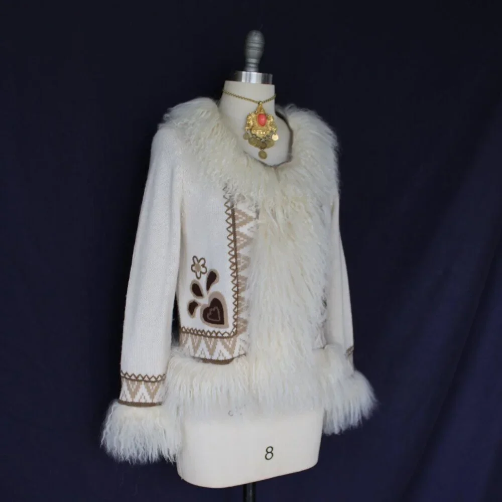 vintage Mongolian Curley lamb wool cardigan cowichan sweater jacket aplique M - Picture 6 of 12